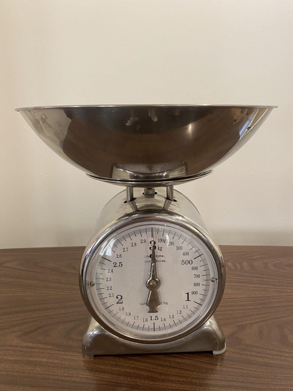 Front view of chrome kitchen scale- Cook Street Vintage