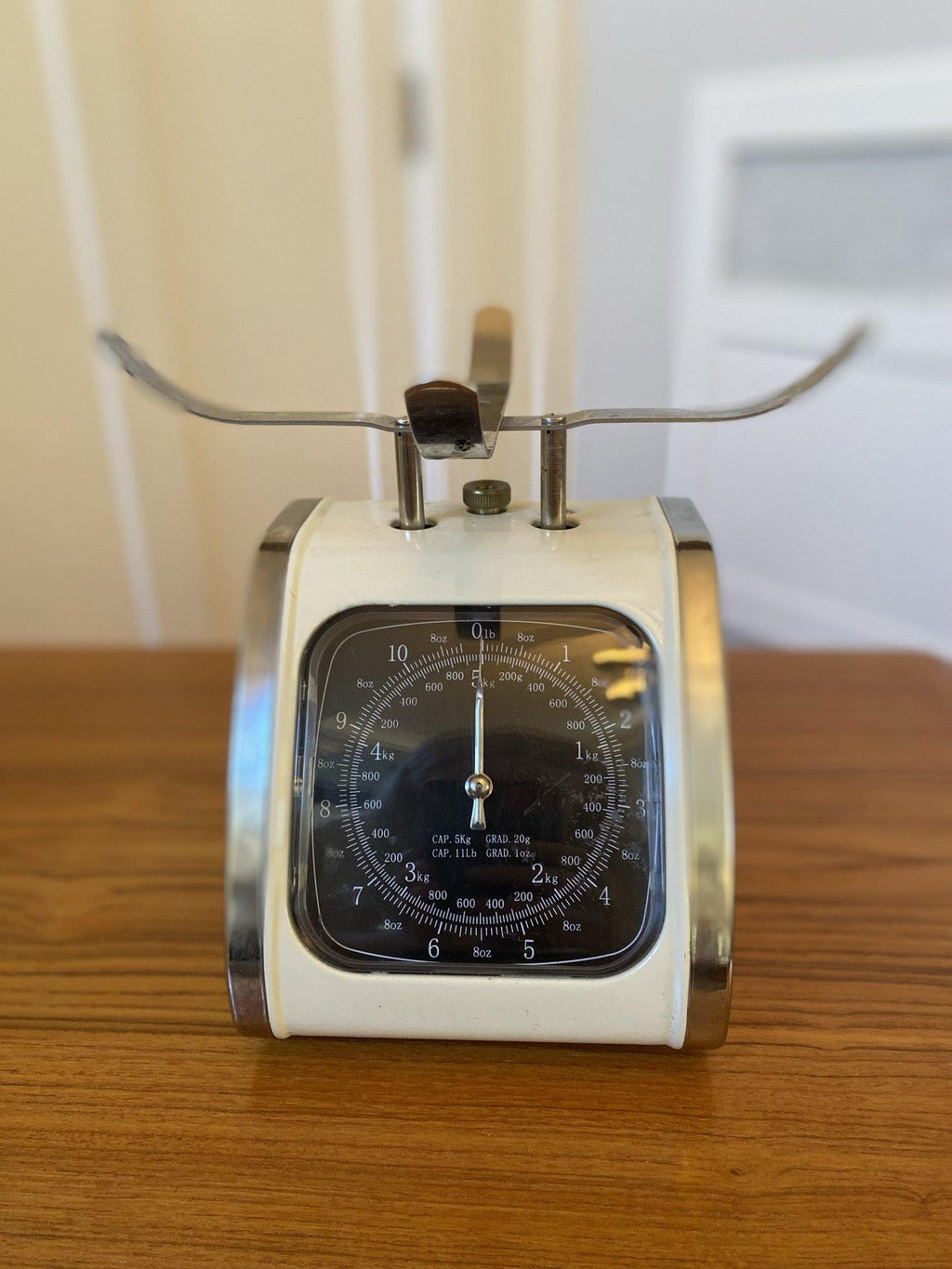 Front of cream and chrome vintage kitchen scale- Cook Street Vintage