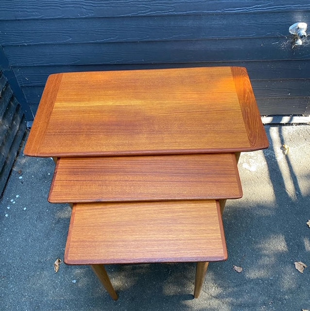 ﻿Wonderful set of 3 newly restored teak nesting tables with beech legs- Cook Street Vintage