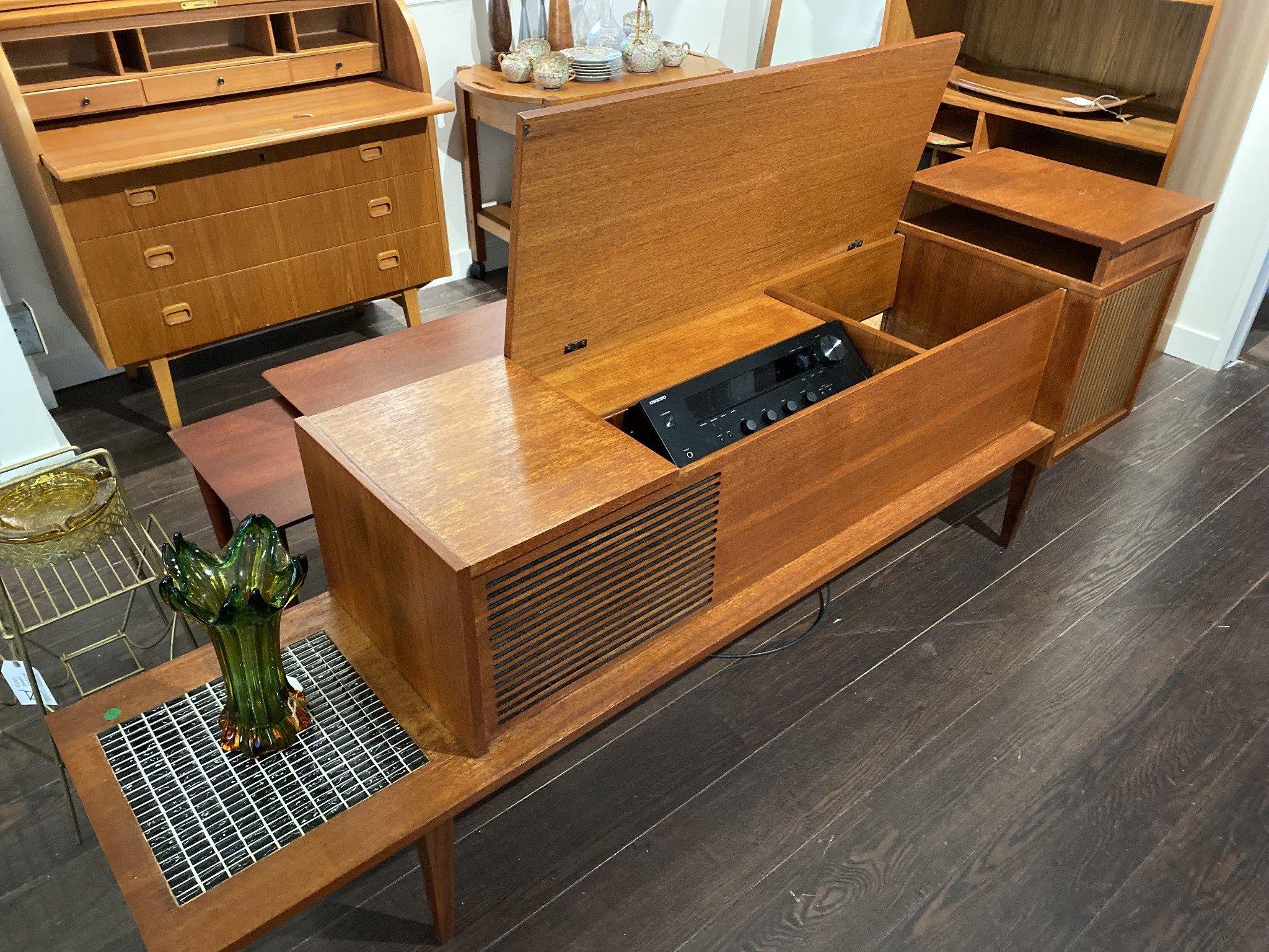 View from the left side of open cabinet in restored teak stereo- Cook Street Vintage