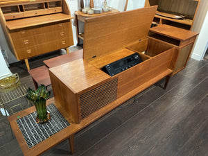 View from the left side of open cabinet in restored teak stereo- Cook Street Vintage