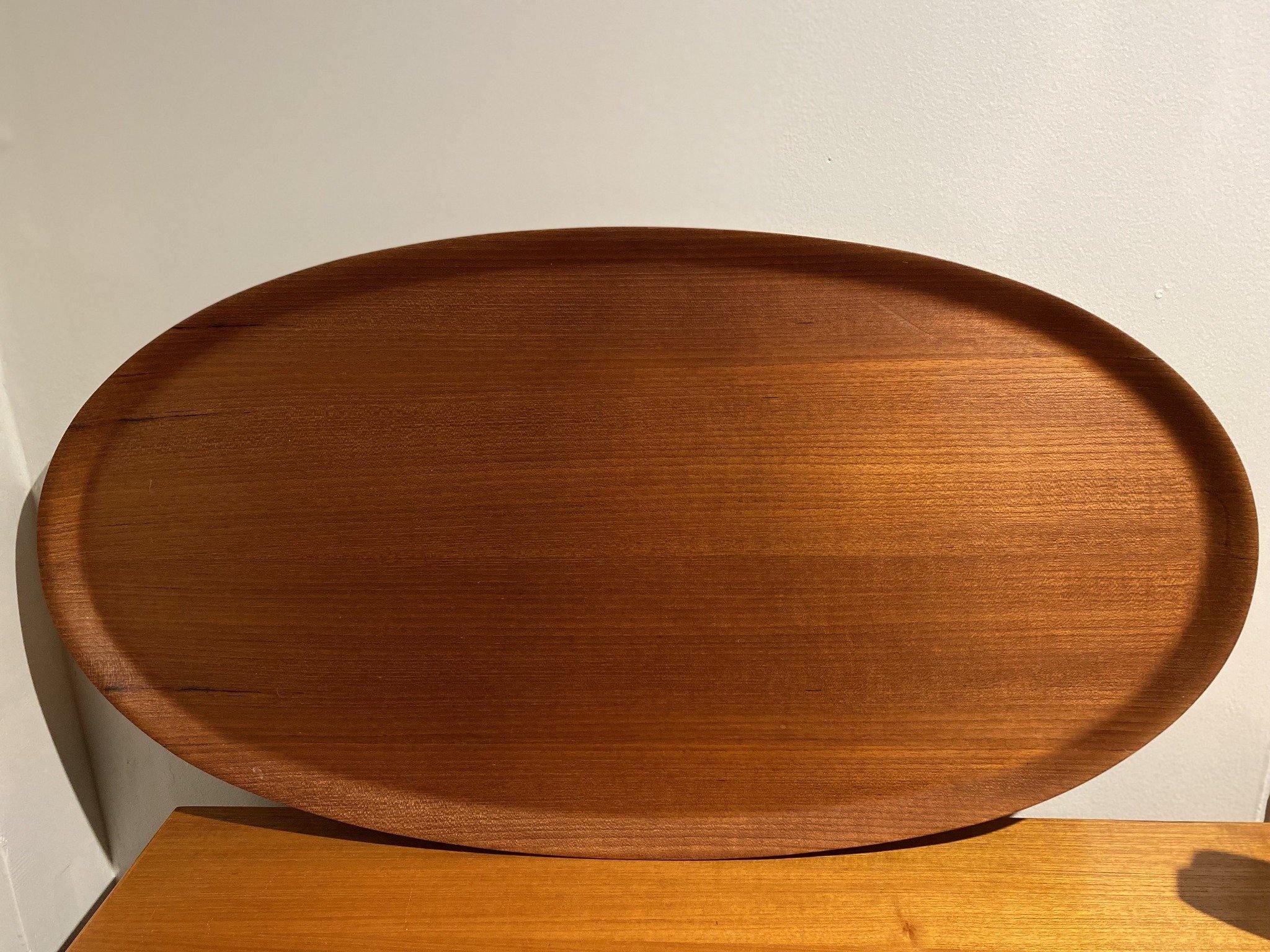 Large oval teak serving tray with beautiful wood grain- Cook Street Vintage