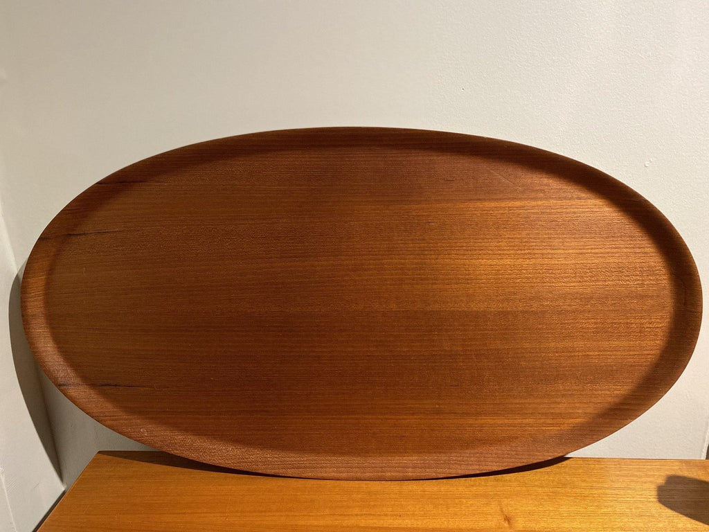 Large oval teak serving tray with beautiful wood grain- Cook Street Vintage