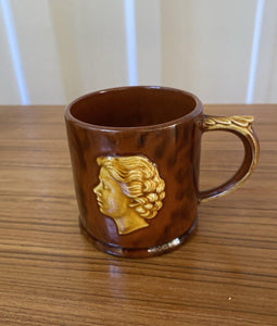 Brown Darmouth mug of queen Elizabeth II in relief- Cook Street Vintage