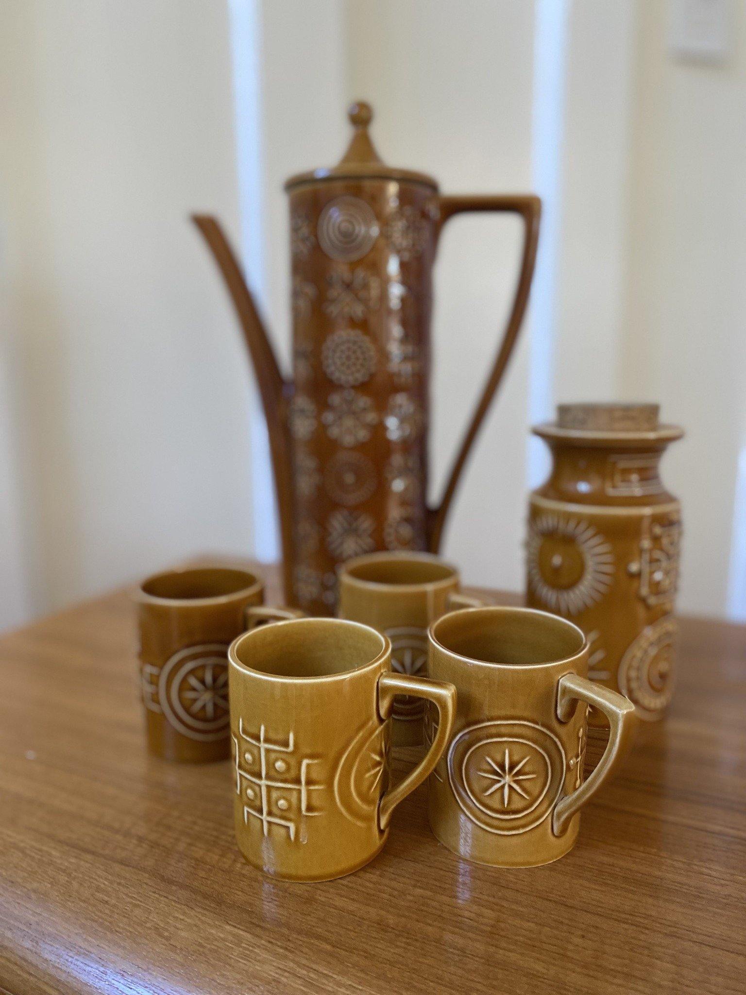 Close up of Portmeirion totem Coffee pot and mugs design- Cook Street Vintage