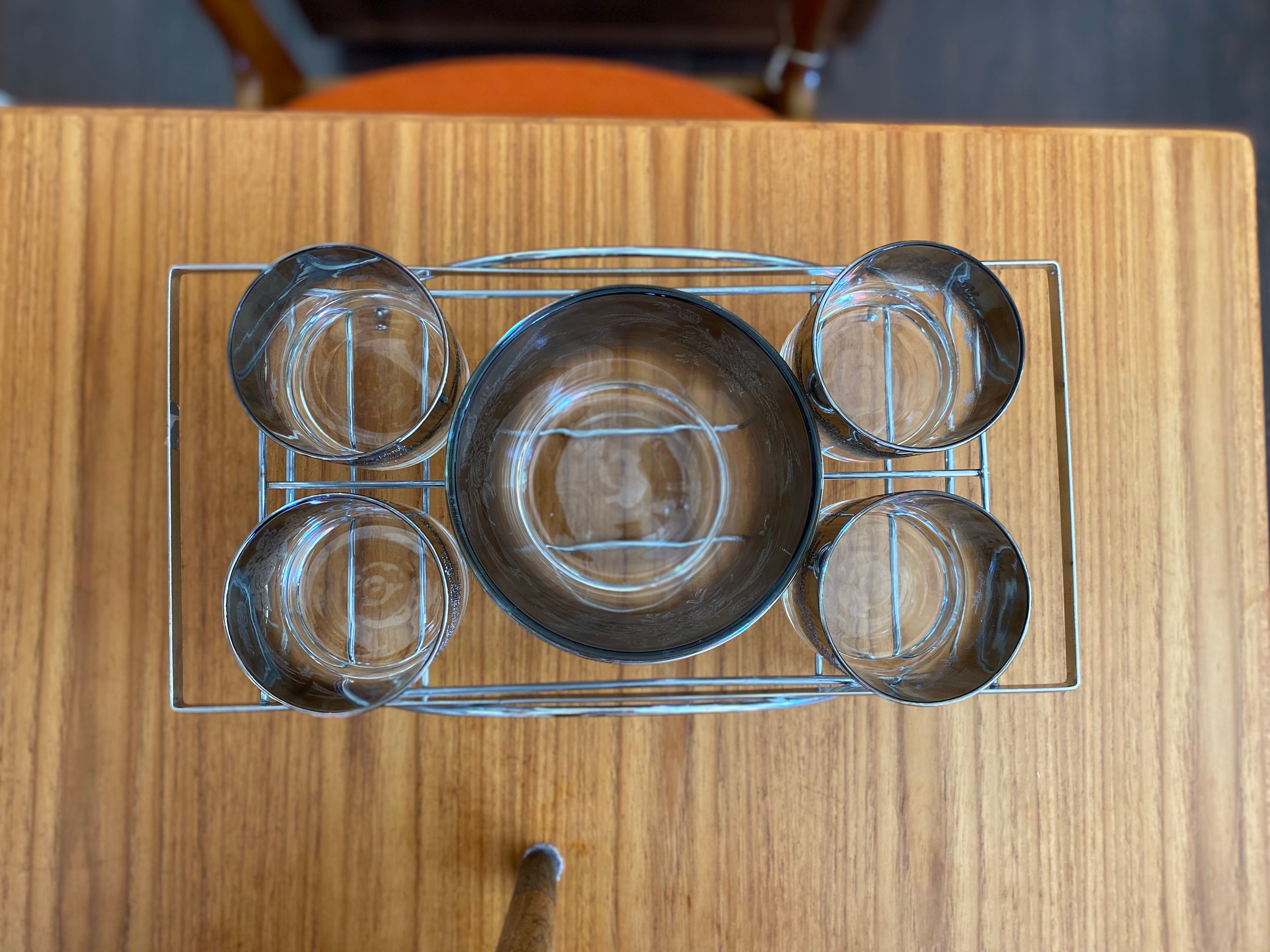 1970s Lowball Smoke with Silver Fade Glass Hostess Set with Matching Ice Bucket