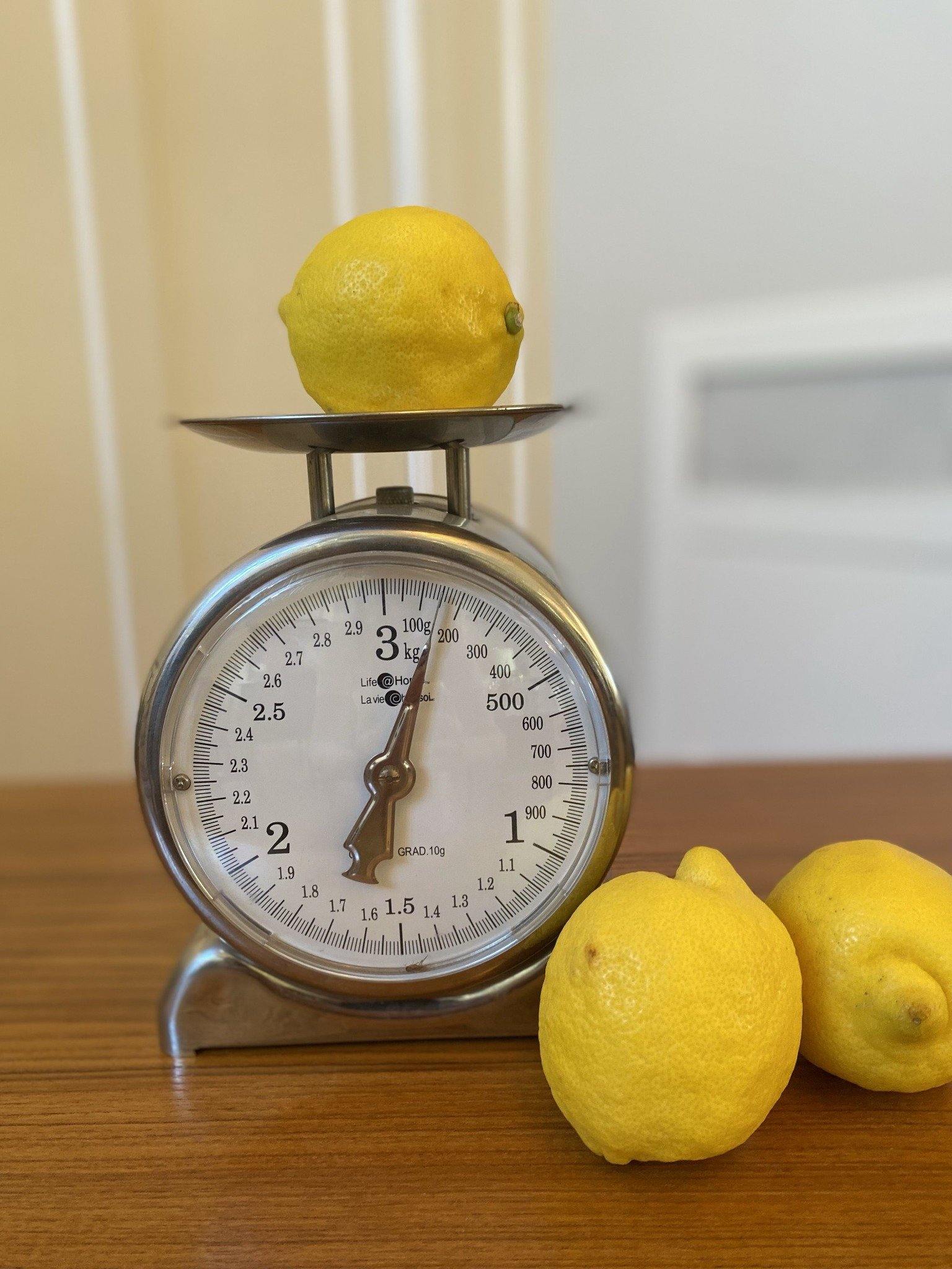 Chrome kitchen scale with three lemons- Cook Street Vintage