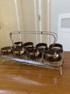 Set of eitght rolu poly round bottom cocktail glasses in metal holder- Cook Street Vintage