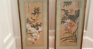 Elegant vintage Asian botanical prints in gold bamboo frames- Cook Street Vintage