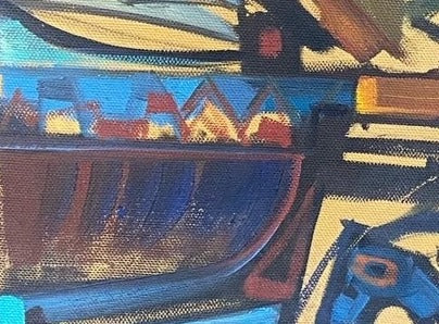 Detail of Fun abstract oil on canvas, "Junk Eater" by Ken Faulks, 1993- Cook Street Vintage