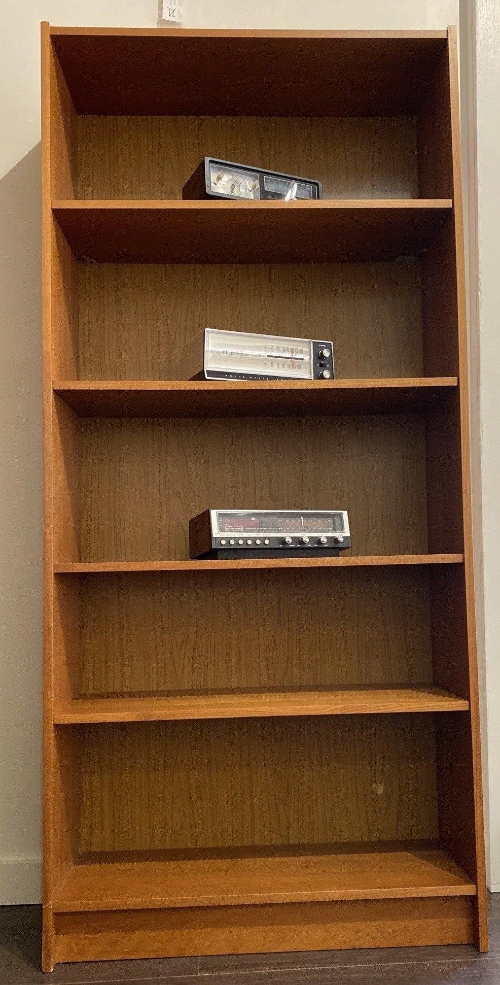 Teak bookcase with four adjustable shelves with vintage radios- Cook Street Vintage
