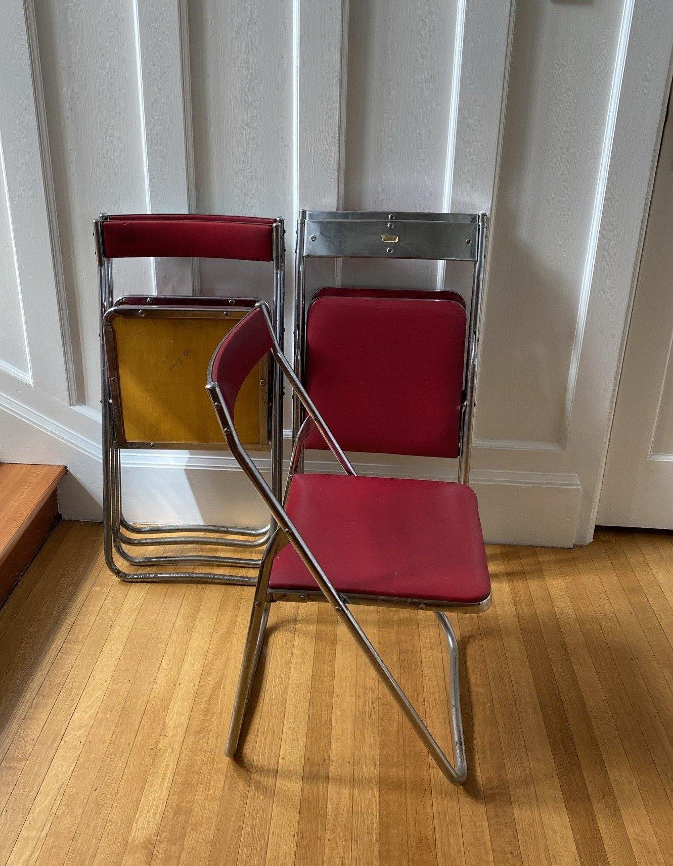 Red Vinyl and Chrome Folding Chairs - Cook Street Vintage