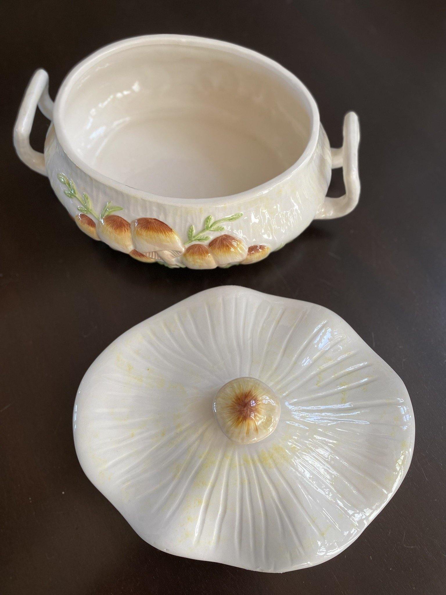 Birds eye view of white ceramic serving dish with lif off, mushroom as top handle- Cook Street Vintage