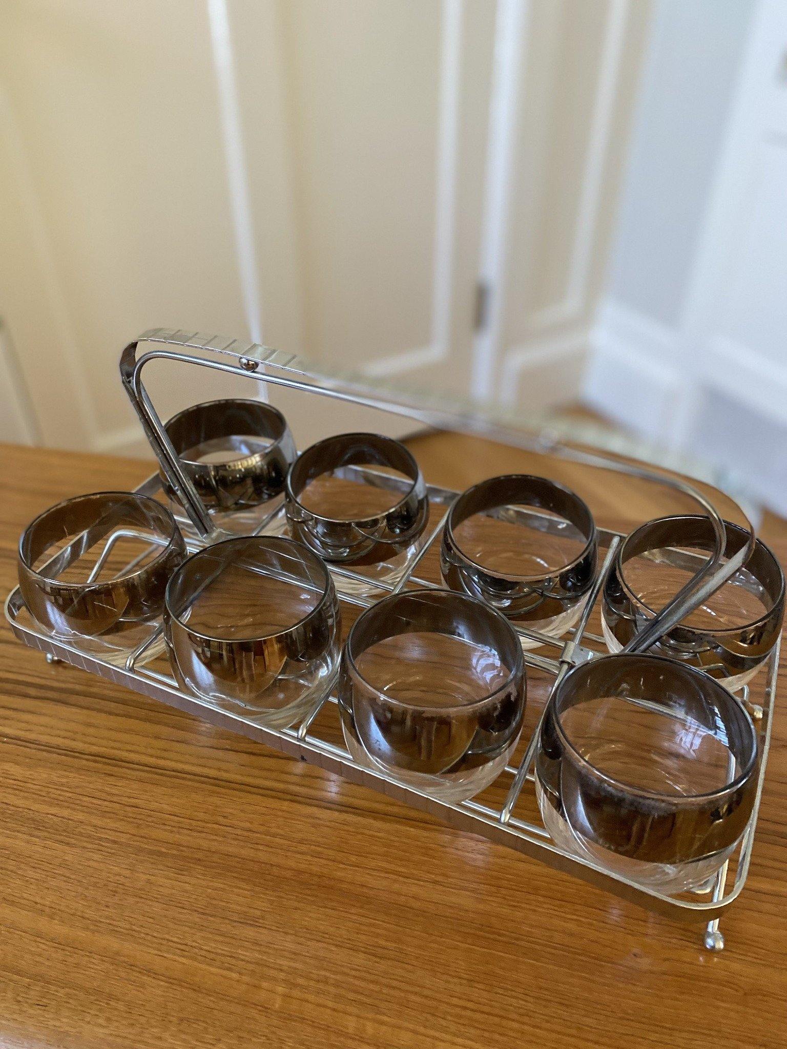 Top view of 8 roly poly round bottom cocktail glasses with silver band in carrying holder- Cook Street Vintage