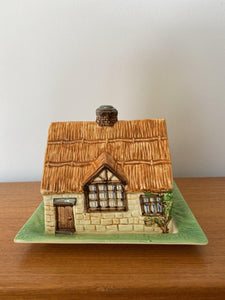 Side of cottage ware butter or cheese dish with thatched roof- Cook Street Vintage
