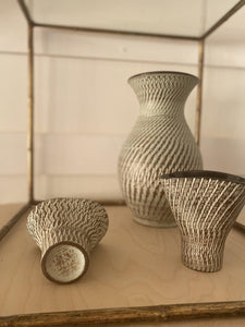 3 MCM German ceramic vases on table, one smaller one leaning on its side- Cook Street Vintage