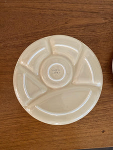 under side of cream coloured ceramic fondu/appetizer plates saying made in Japan- Cook Street Vintage