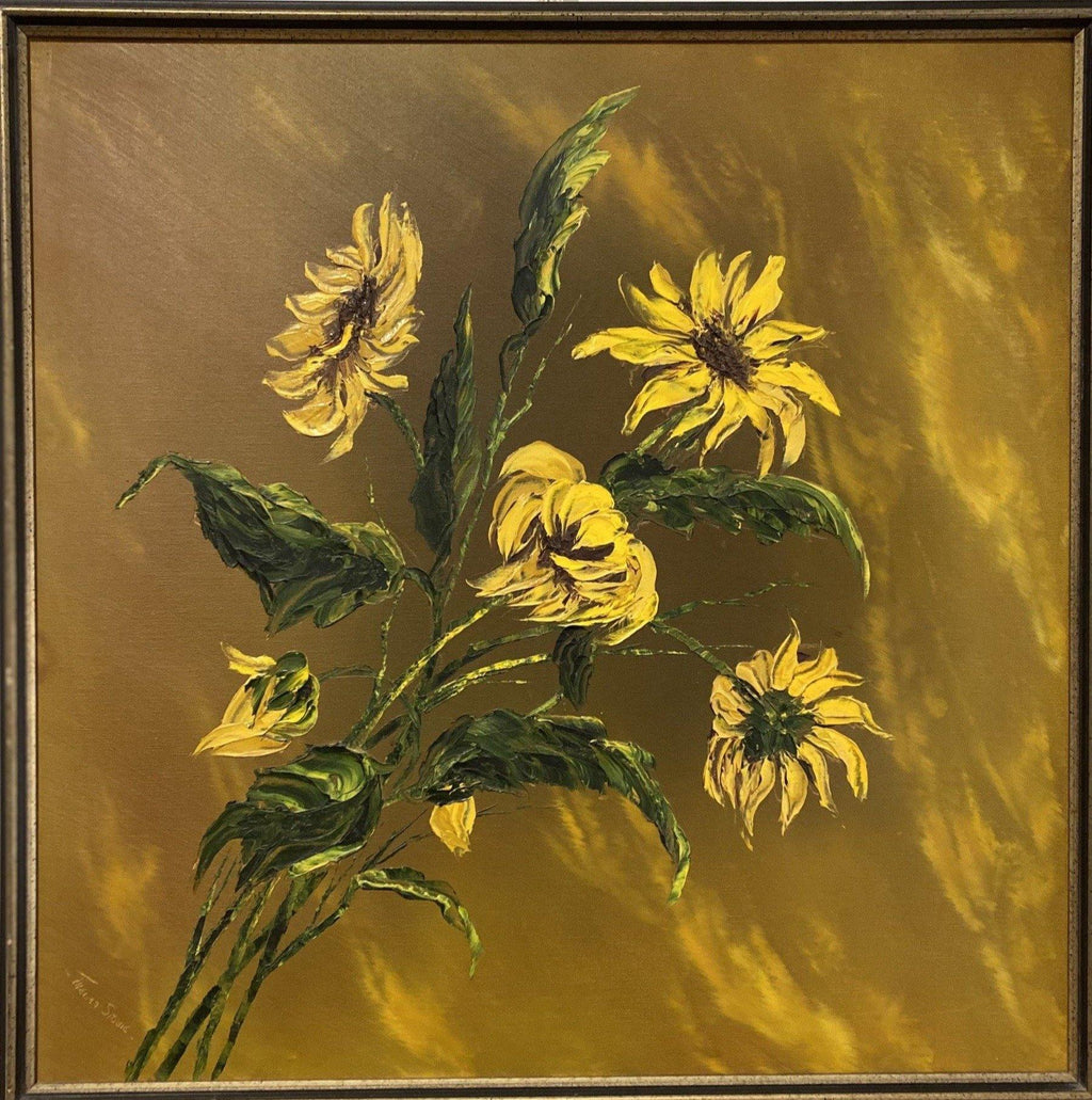 Oil paitning of sunflowers with brown and yellow background signed Thelma Stobie- Cook Street Vintage