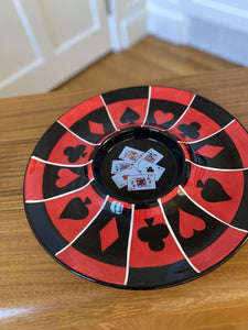 Fun chip n dip plate in classic red and black spades, hearts, clubs and diamond card motifs. Centre dip area has playing card images- Cook Street Vintage