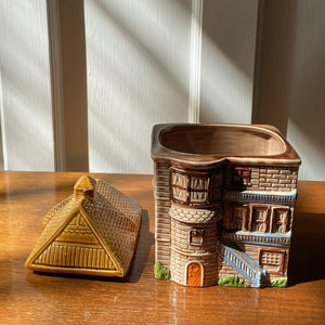 Cottage Biscuit jar with Gingerbread style lid off- Cook Street Vintage