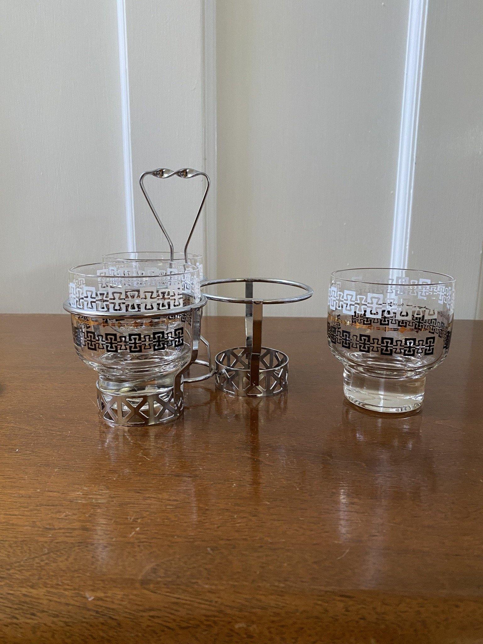 Side view of glass condiment set with one dish on table- Cook Street Vintage