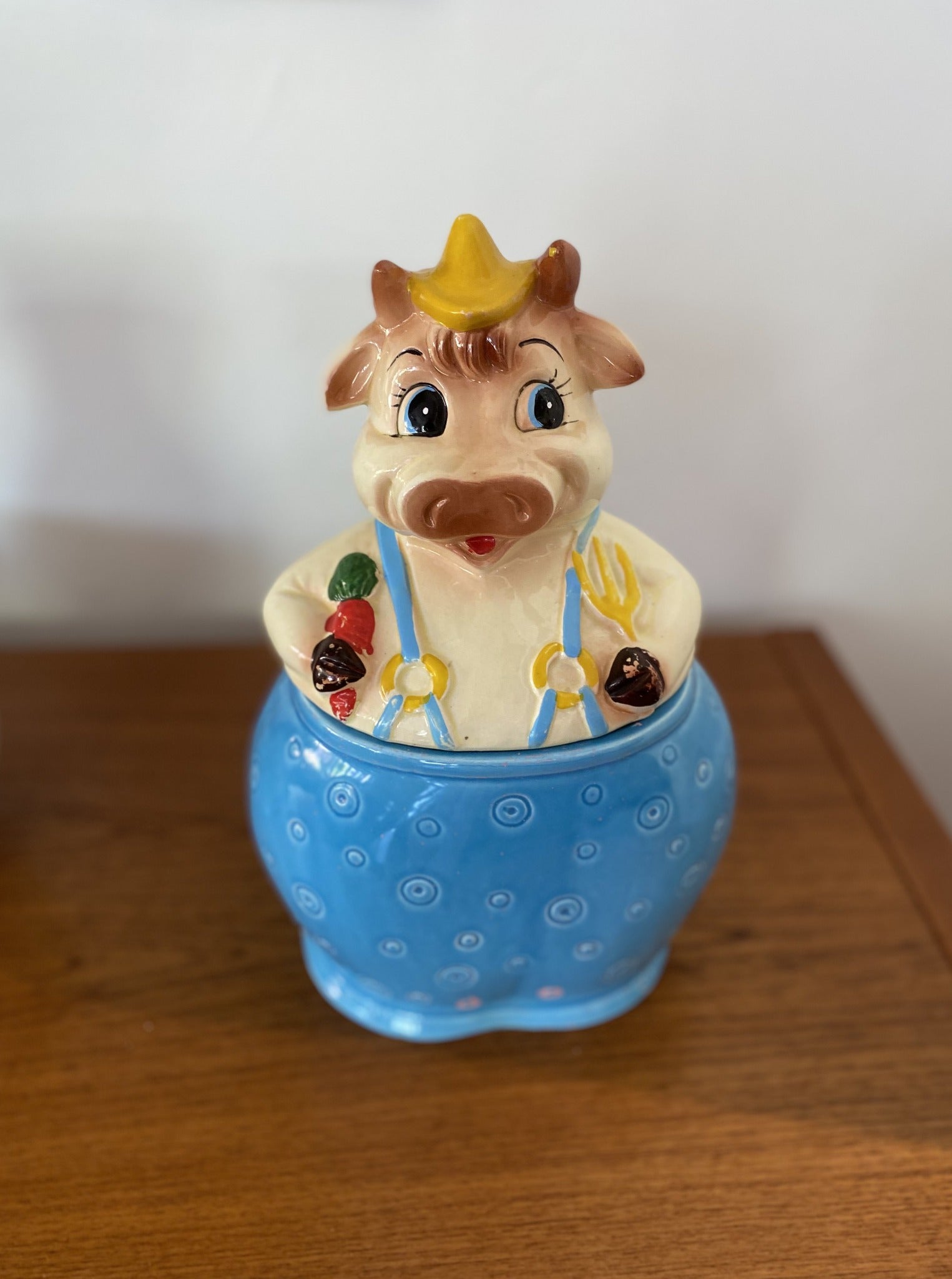 Vintage Cow Cookie Jar in overalls- Cook Street Vintage