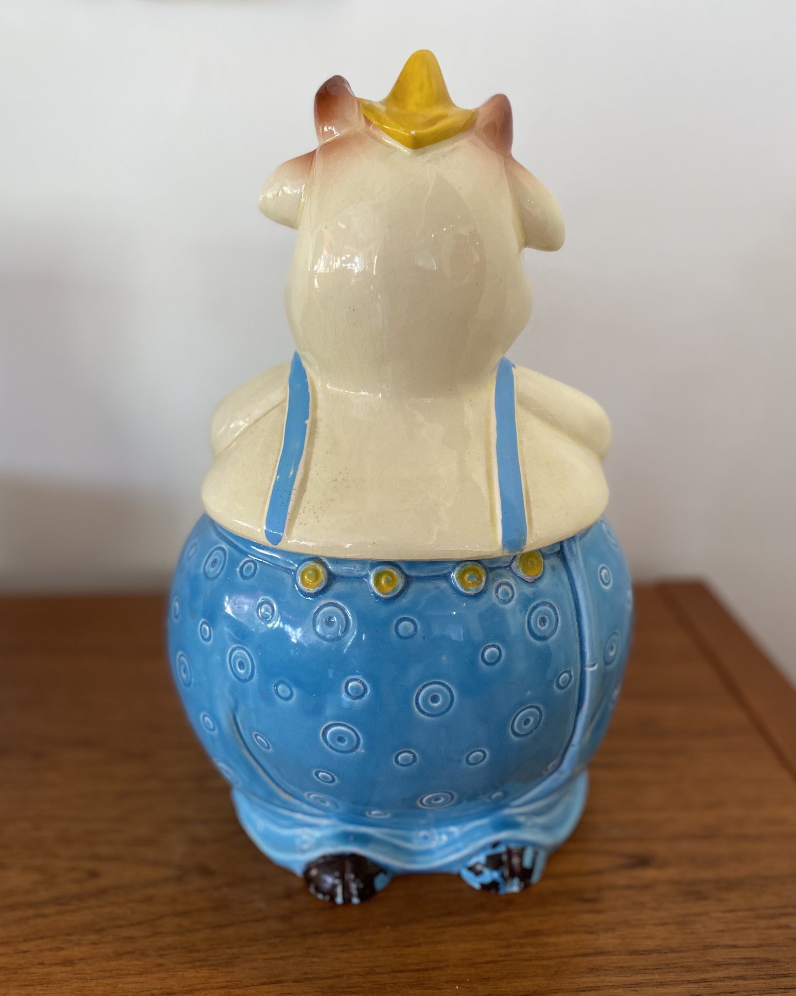 Back of Vintage Cow Cookie Jar wearing overalls- Cook Street Vintage