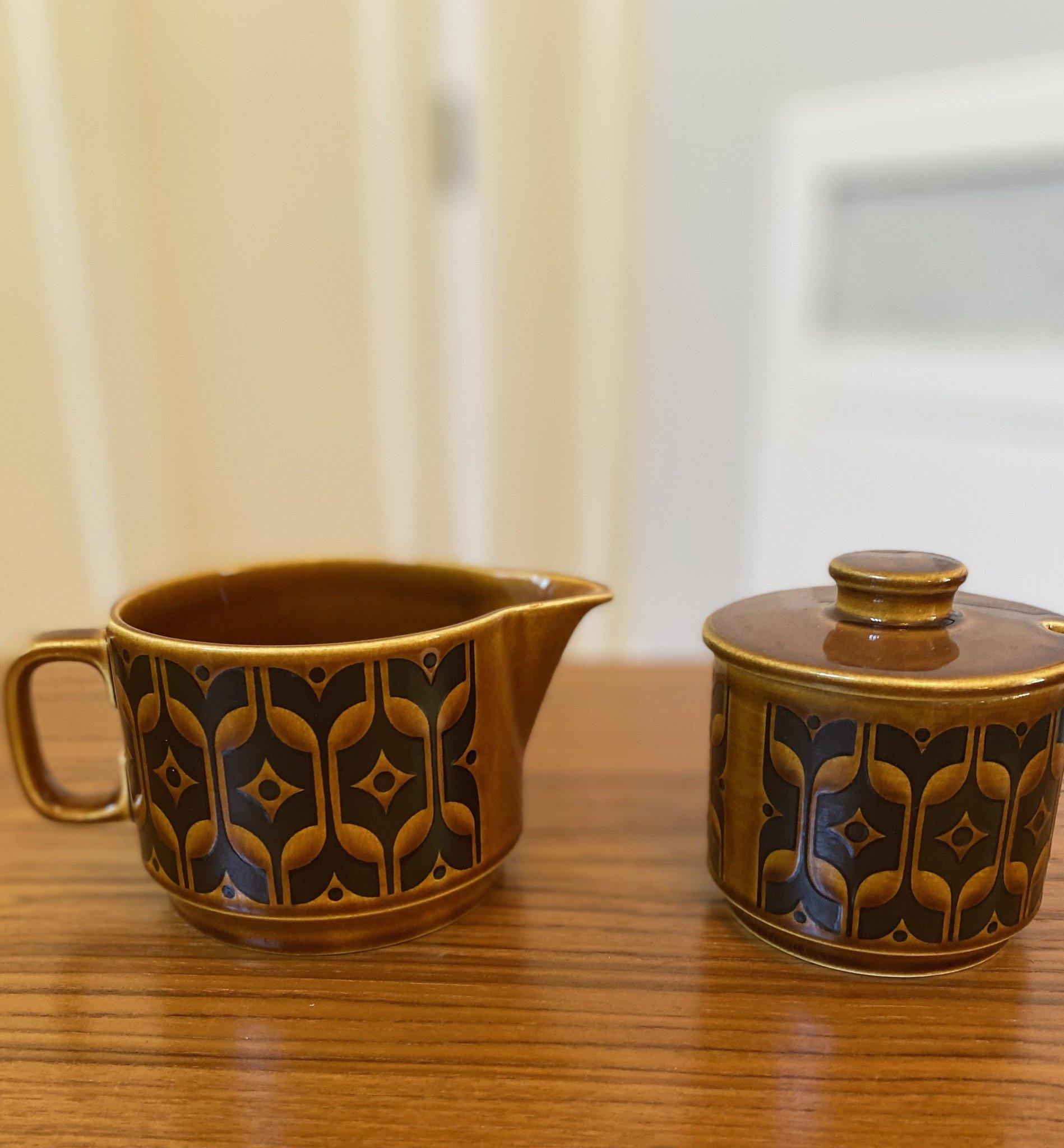 Brown Hornsea Heirloom Creamer on the left and sugar with lid on the right- Cook Street Vintage