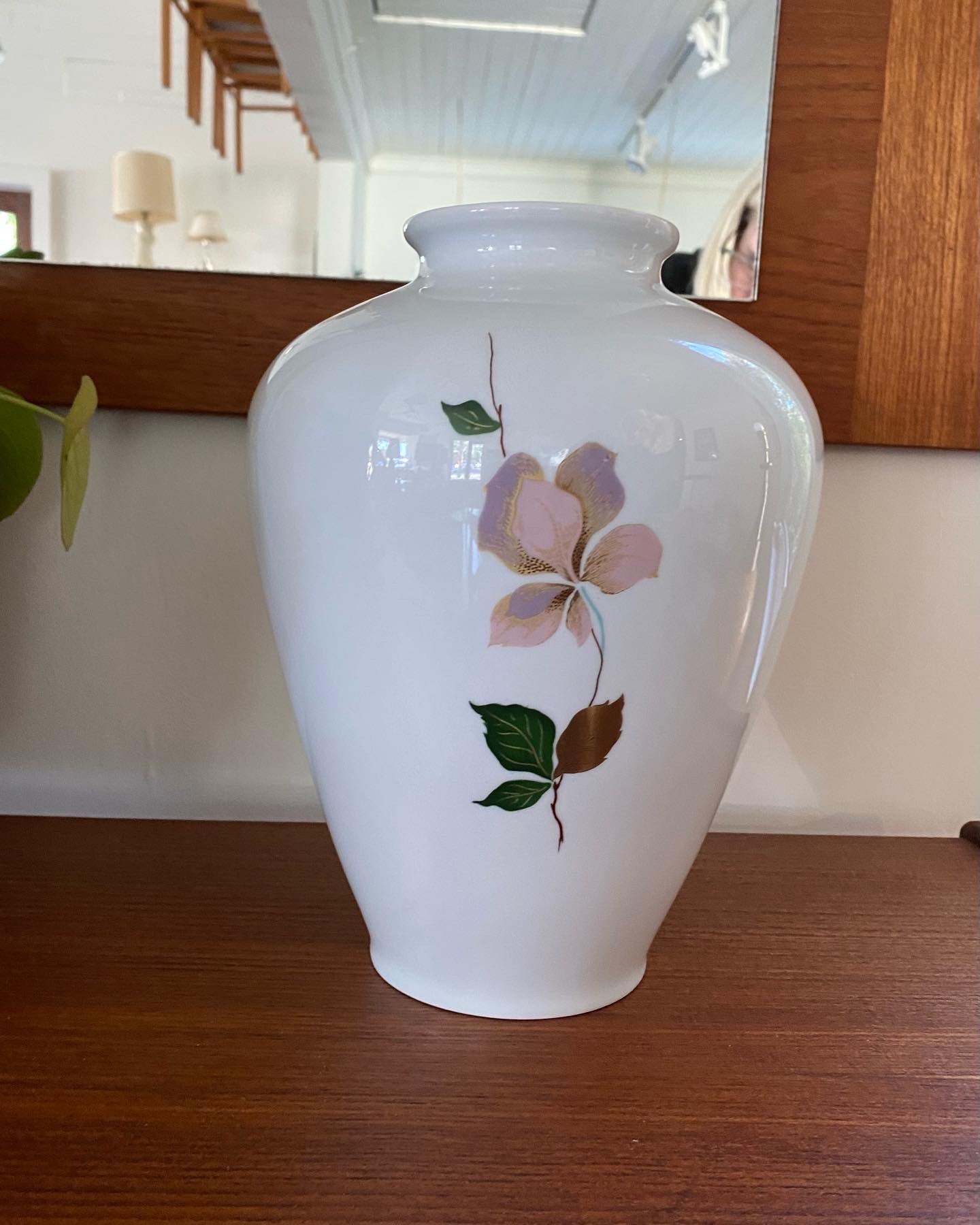 Elegant white vintage ceramic vase. Pink flowers with green and gold highlights. By Thomas, Germany-  Cook Street Vintage