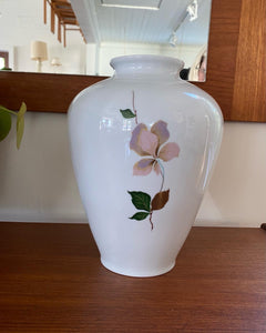 Elegant white vintage ceramic vase. Pink flowers with green and gold highlights. By Thomas, Germany-  Cook Street Vintage
