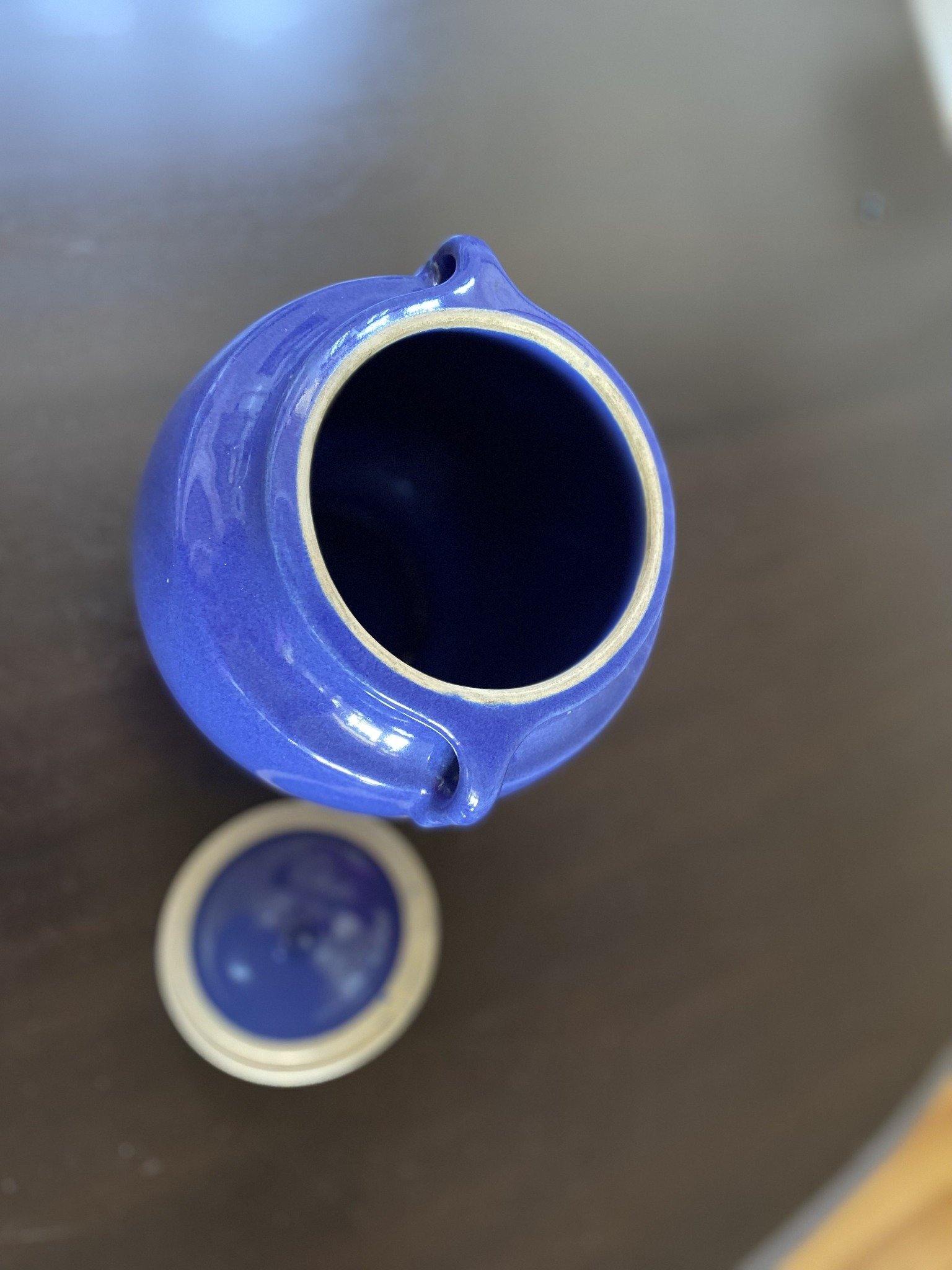 Birds eye view of blue cookie jar with lid off-Cook Street Vintage