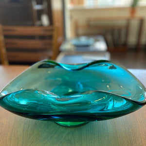 Side view of aquamarine folded wave edge art glass bowl- Cook Street Vintage