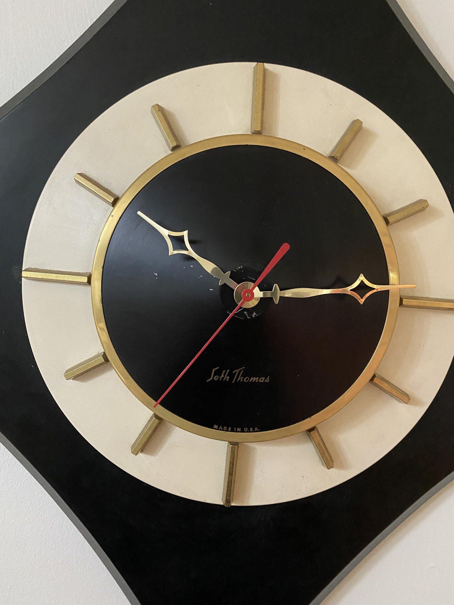 Front detail of Seth Thomas Art Deco Wall clock showing Signature- Cook Street Vintage