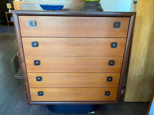 Gorgeous RS and Associates five drawer teak and rosewood dresser with black vinyl covered base- Cook Street Vintage