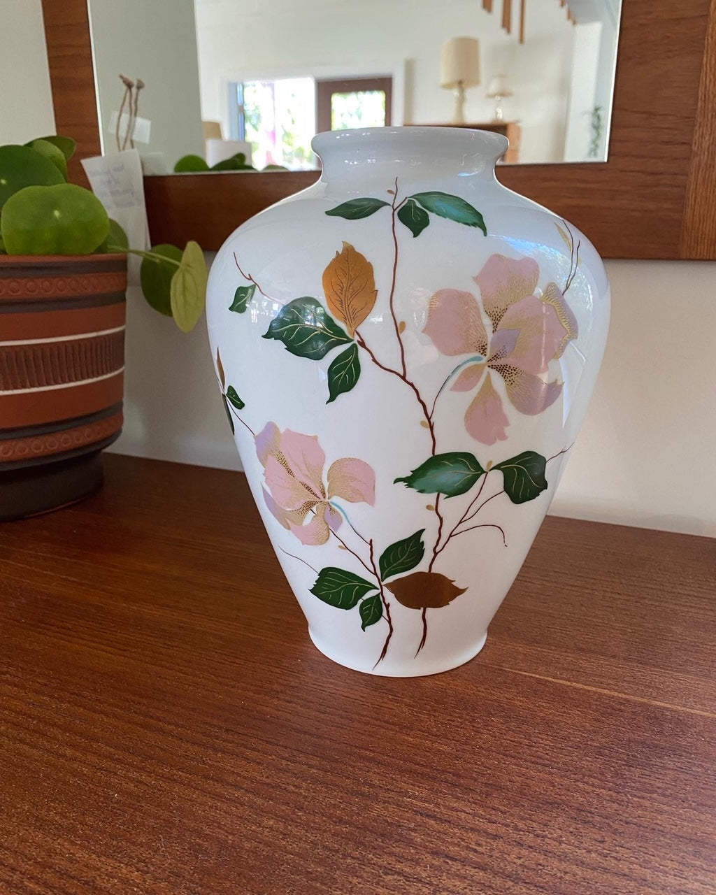Elegant white vintage ceramic vase. Pink flowers with green and gold highlights. By Thomas, Germany-  Cook Street Vintage