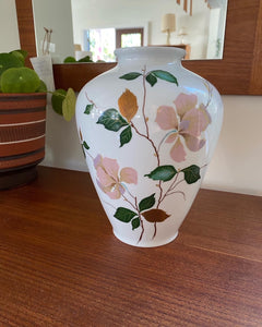 Elegant white vintage ceramic vase. Pink flowers with green and gold highlights. By Thomas, Germany-  Cook Street Vintage