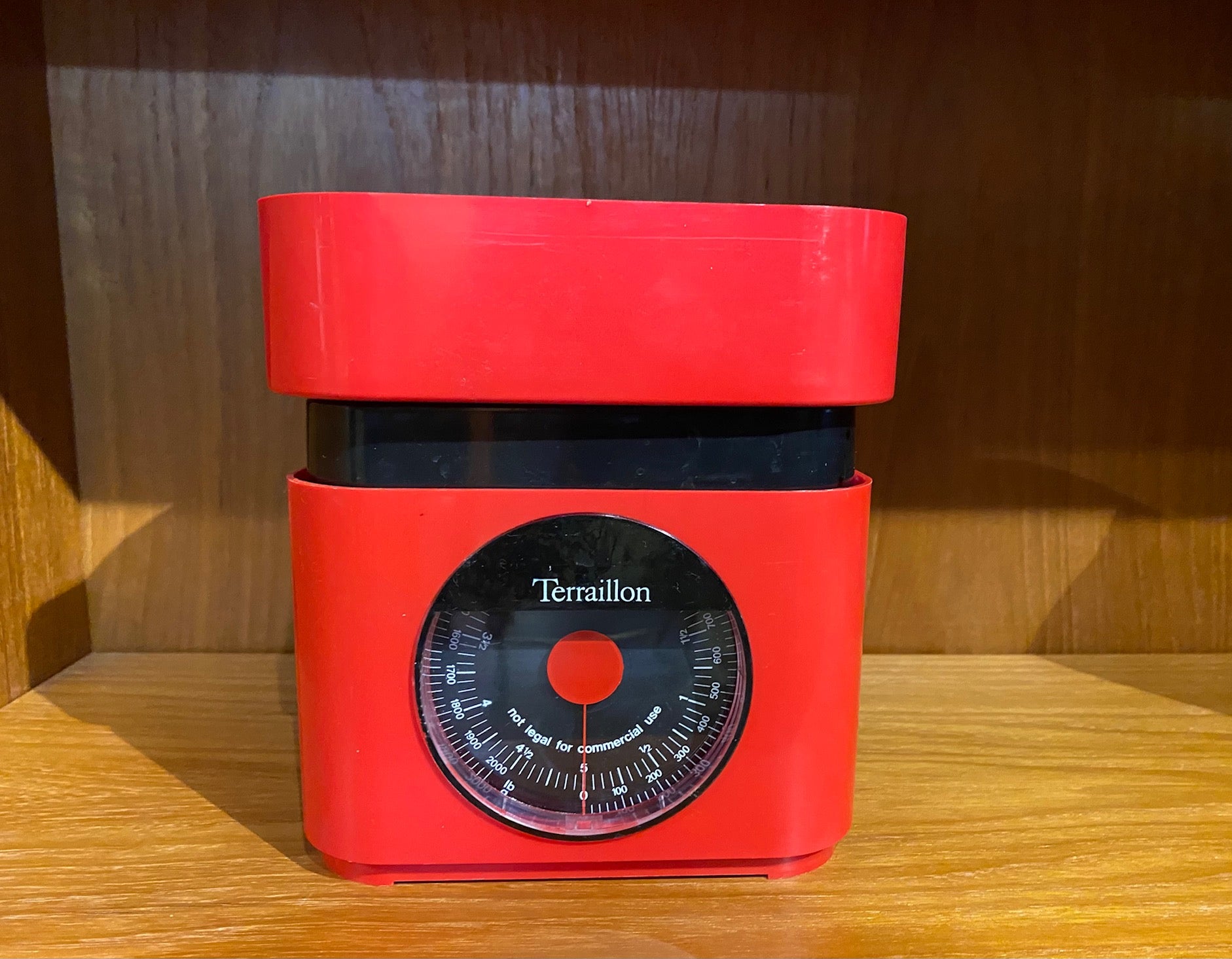Vintage fire engine red kitchen scale originally designed by Marco Zanuso for Terraillon. Made in France- Cook Street Vintage.