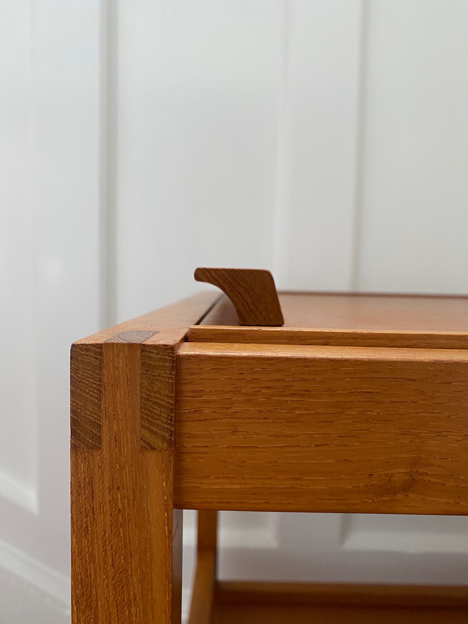 detail of sculpted handle on MCM Danish Teak Bar Cart by BL-Mobler- Cook Street Vintage