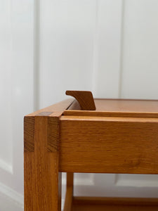 detail of sculpted handle on MCM Danish Teak Bar Cart by BL-Mobler- Cook Street Vintage