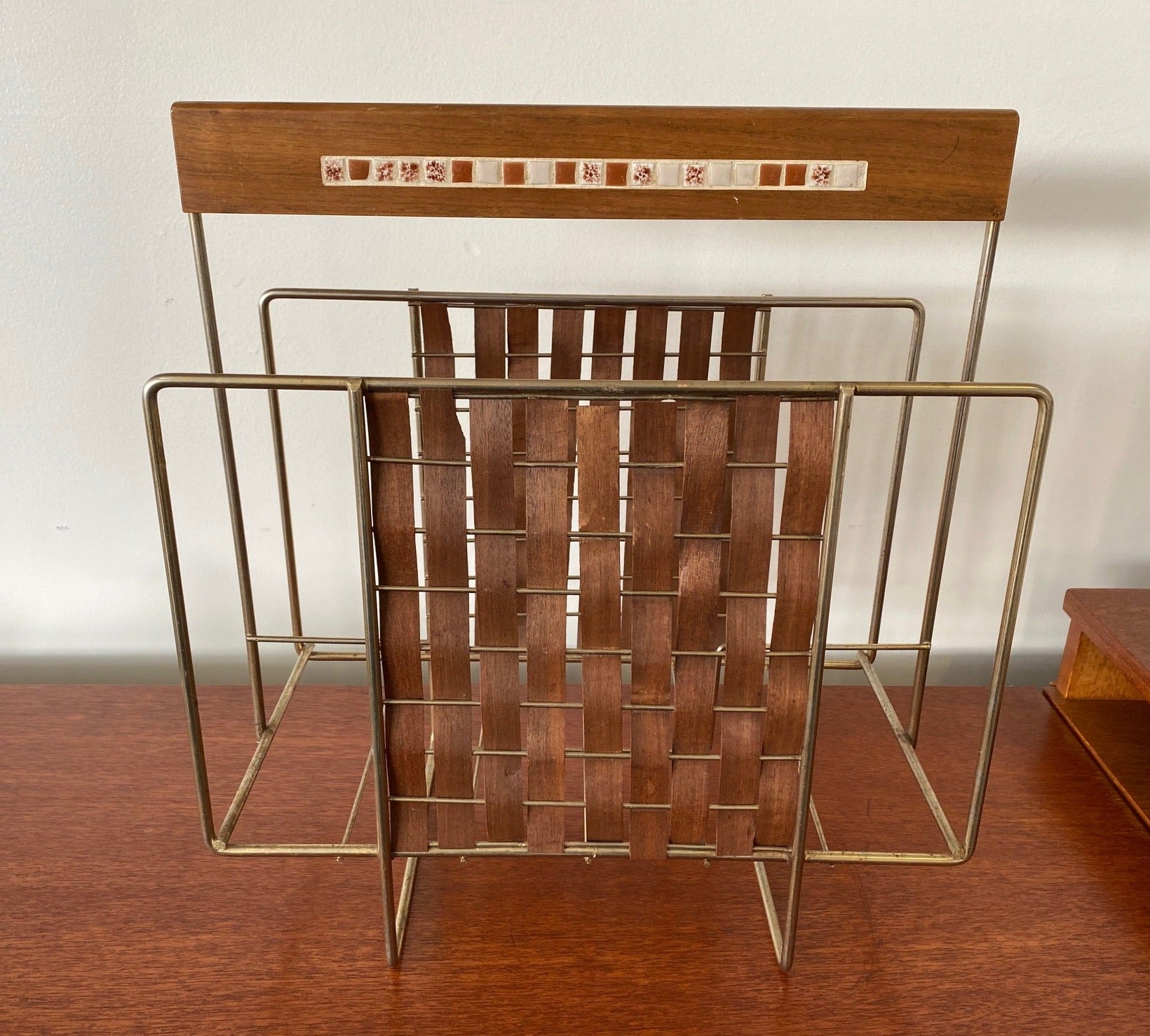 MCM teak basket weave magazine rack with tile detail- Cook Street Vintage