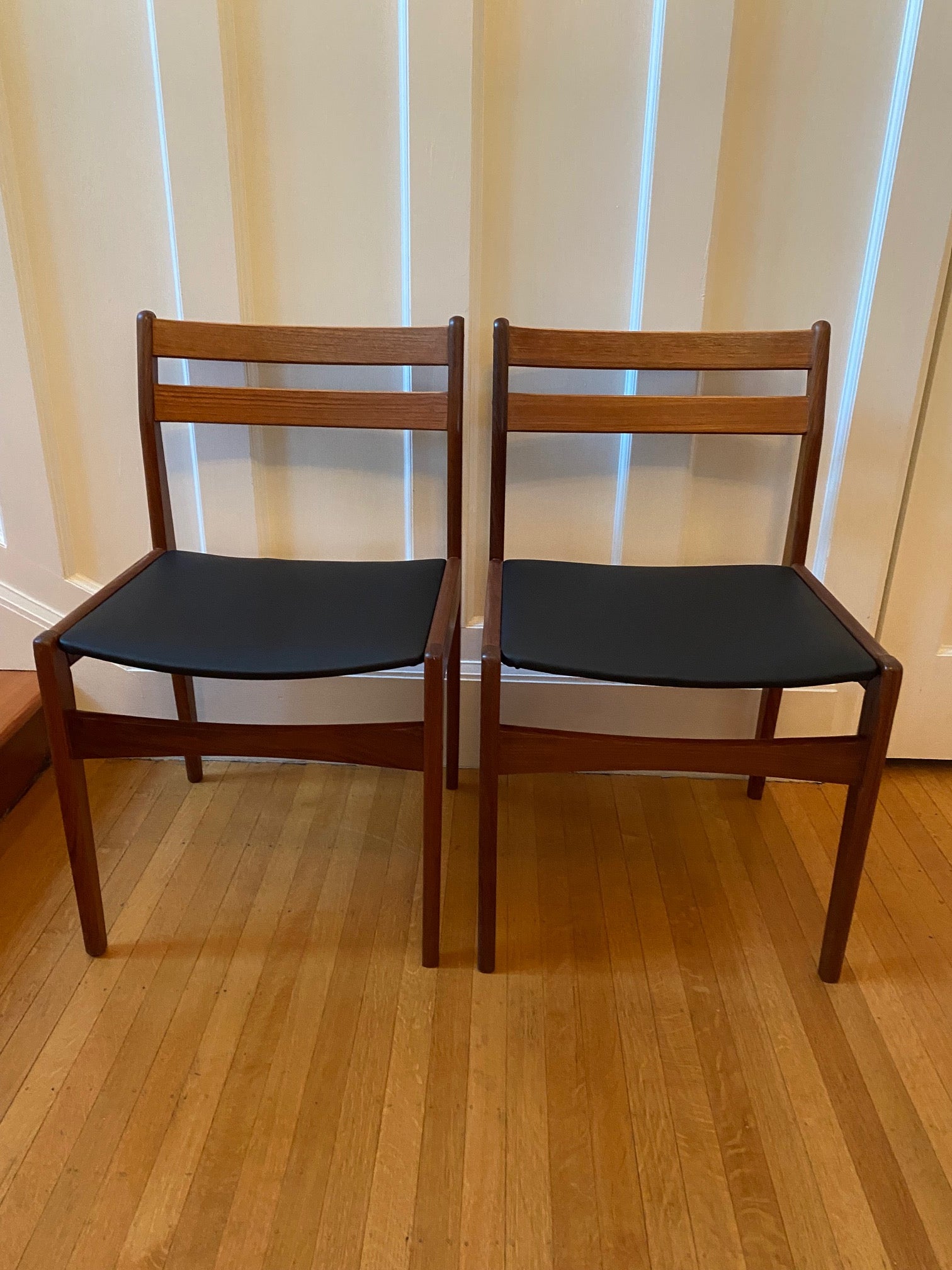 MCM Frem Røjle Danish Dining Chairs with black vinyl seats- Cook Street Vintage