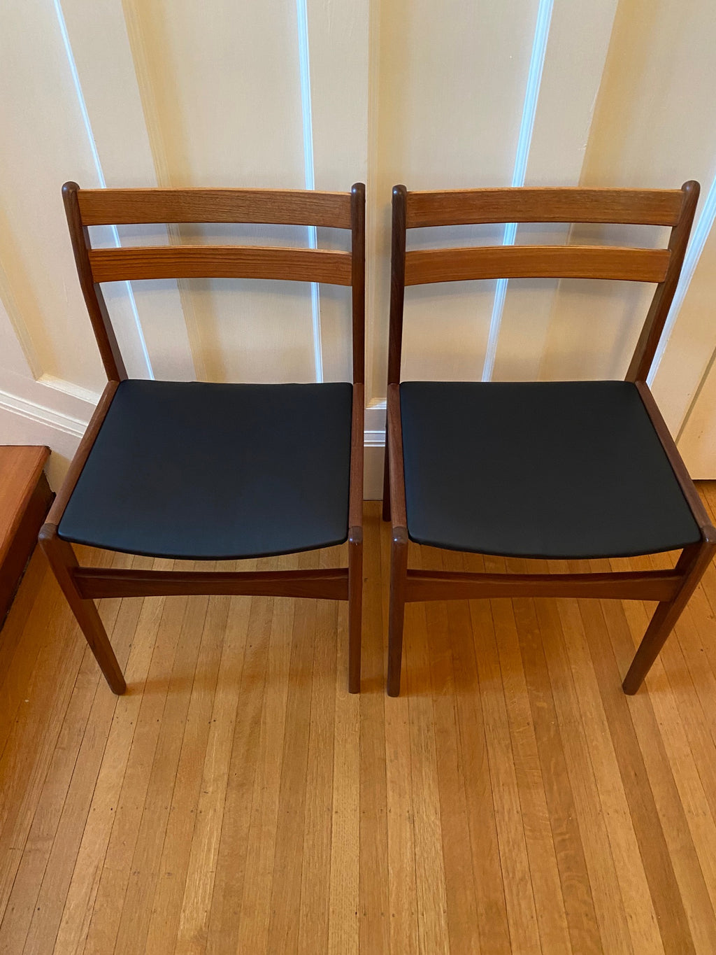 MCM Frem Røjle Danish Dining Chairs with black vinyl seats- Cook Street Vintage