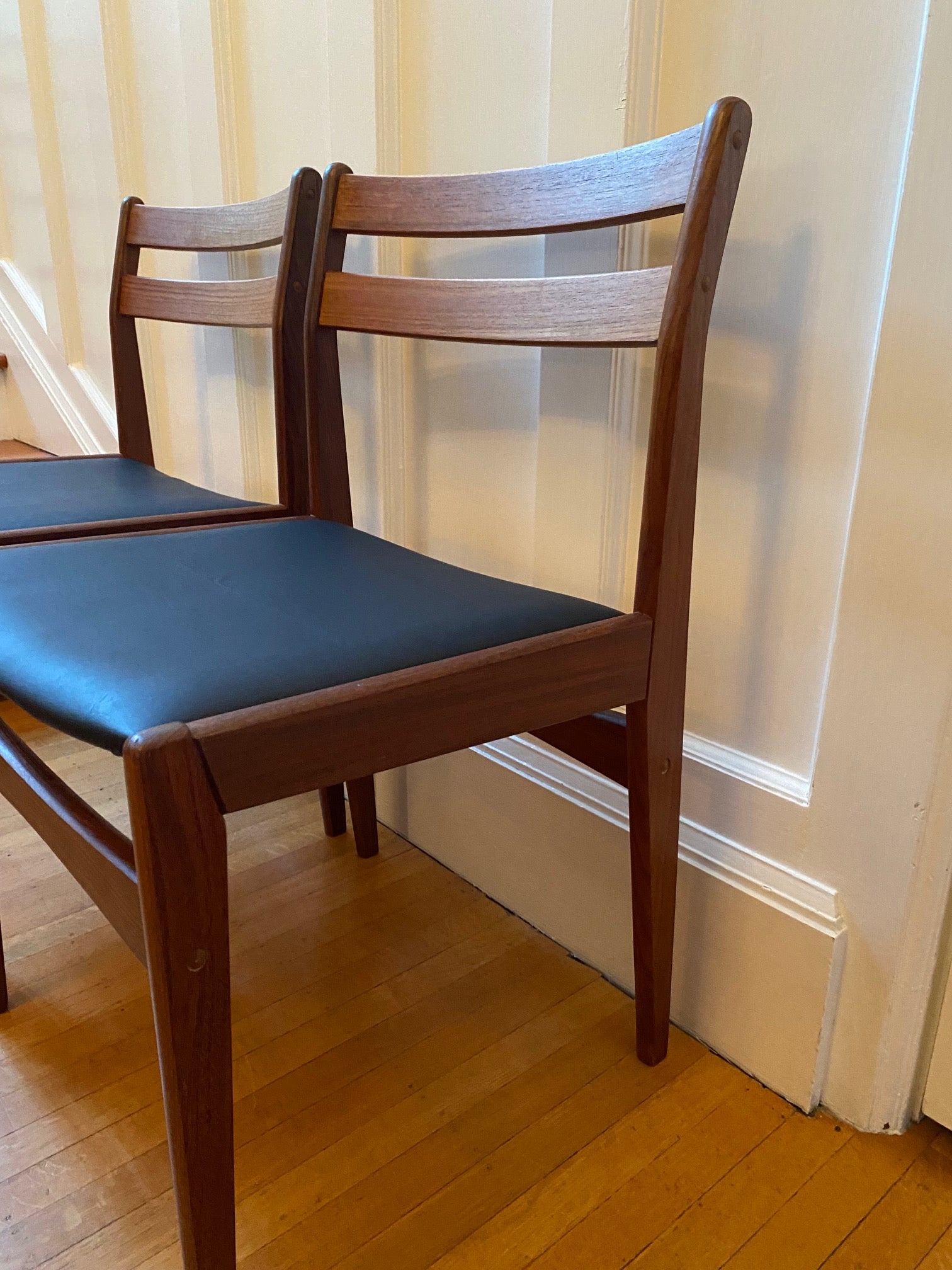 MCM Frem Røjle Danish Dining Chairs with black vinyl seats- Cook Street Vintage