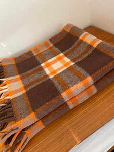 Beautiful tartan wool car blanket by Ayers in pumpkin orange and brown plaid-Cook Street Vintage