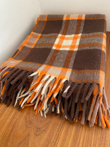 Beautiful tartan wool car blanket by Ayers in pumpkin orange and brown plaid-Cook Street Vintage