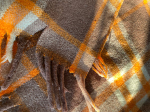 Beautiful tartan wool car blanket by Ayers in pumpkin orange and brown plaid-Cook Street Vintage