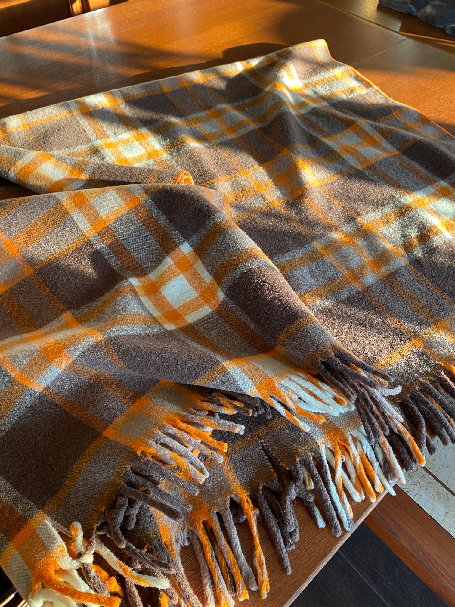 Beautiful tartan wool car blanket by Ayers in pumpkin orange and brown plaid-Cook Street Vintage