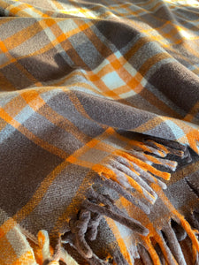 Beautiful tartan wool car blanket by Ayers in pumpkin orange and brown plaid-Cook Street Vintage