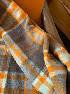 Beautiful tartan wool car blanket by Ayers in pumpkin orange and brown plaid-Cook Street Vintage
