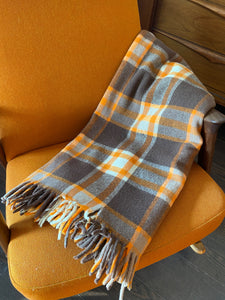 Beautiful tartan wool car blanket by Ayers in pumpkin orange and brown plaid-Cook Street Vintage